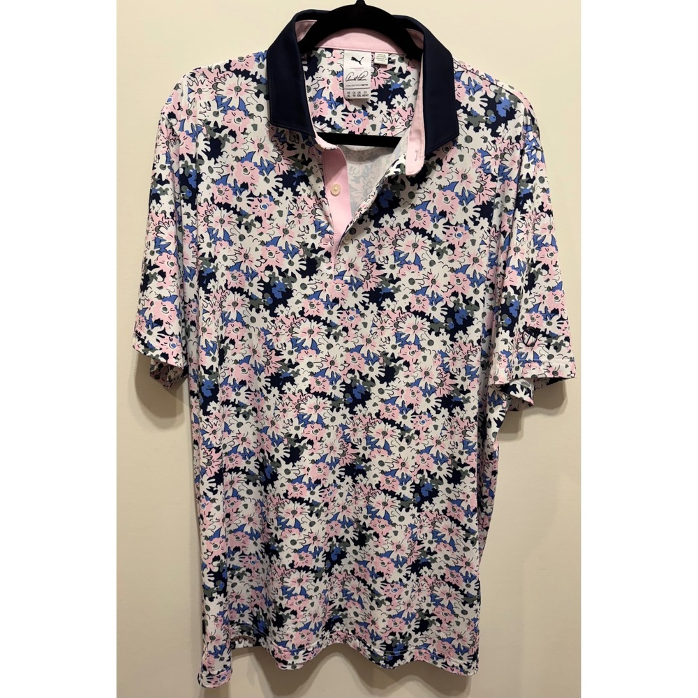 Puma Arnold Palmer Golf Polo Shirt Mens XL Pink Blue Floral Daisy Print